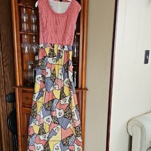 Vintage Red Gingham Bodice Patchwork Maxi Dress